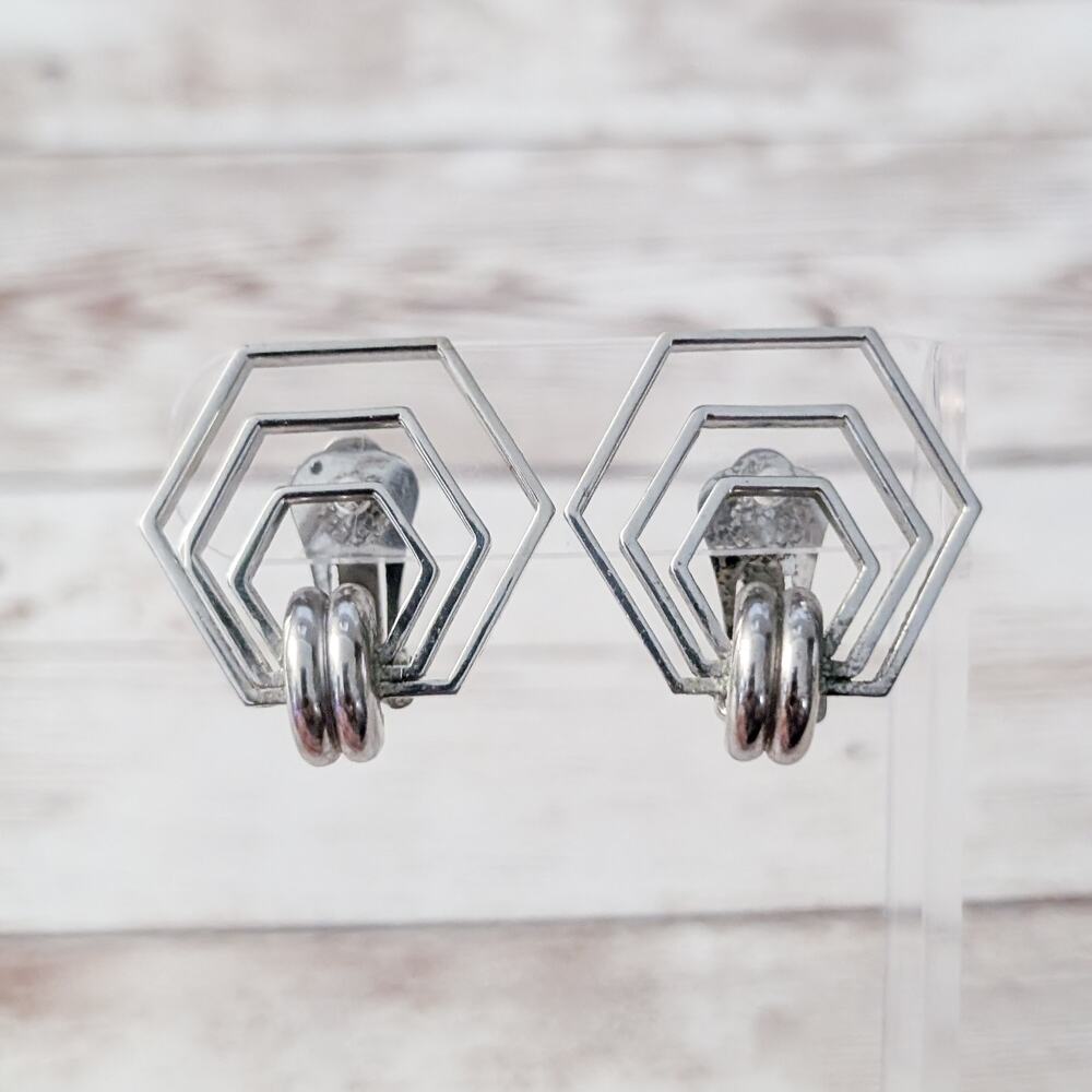 Vintage Clip On Earrings Silver Tone Geometric Large Statement